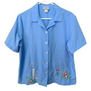 Nikki L Blue Button Up Shirt Nautical Lighthouse Parrot Tropical Coastal Grandma